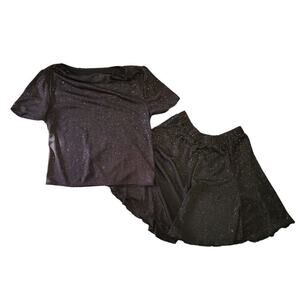 Womens vintage coord set 90s black sparkly two piece blouse skater skirt XL